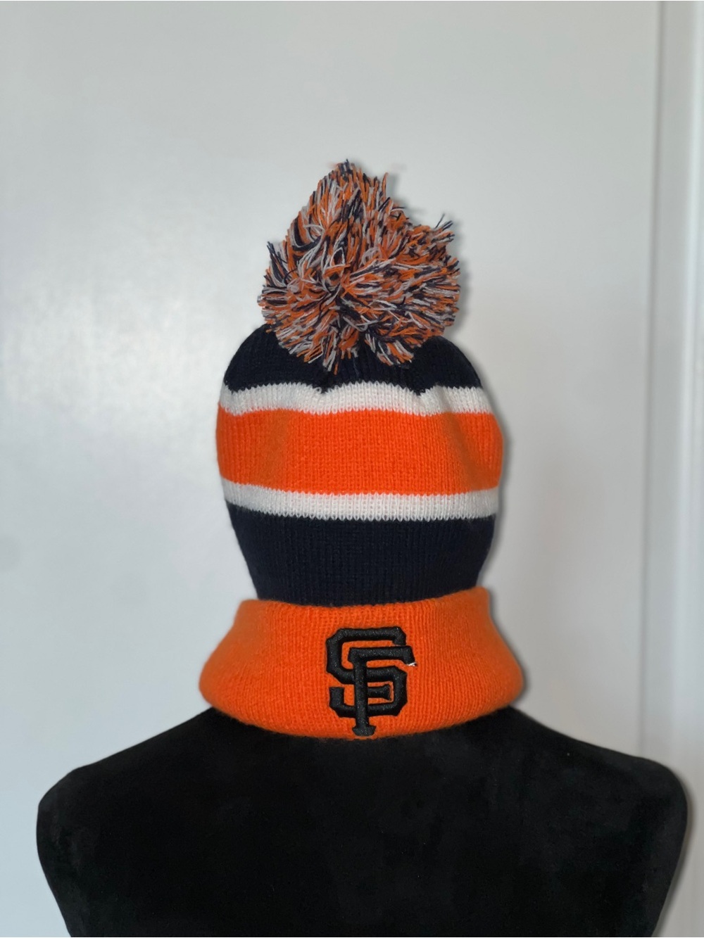 Striped Pom Beanie Hat in Orange, Black & White